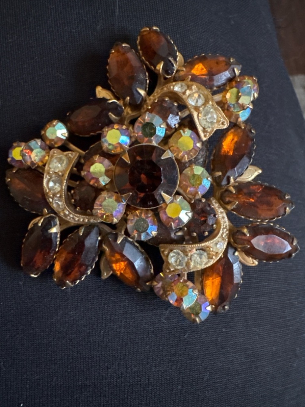 Vintage Amber Rhinestone Brooch Gold Tone Statement Pin